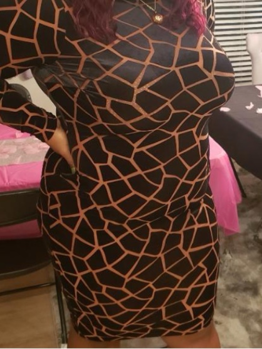 Fashion Nova Black Dress with Tan Geometric Print
